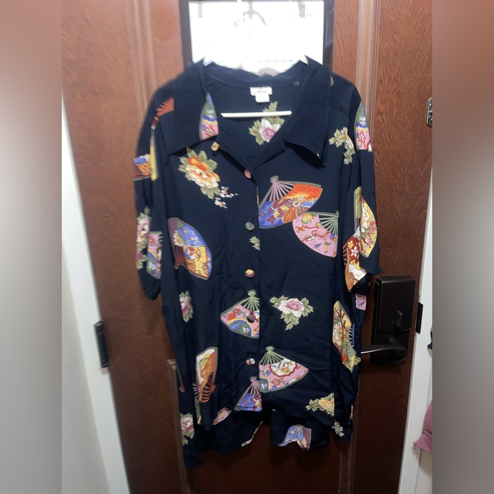 Mica Black Floral Fan Button-Up Tunic Shirt with Multicolor Printing